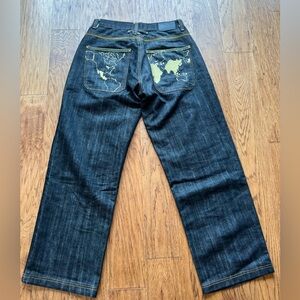 Y2K super baggy wide leg embroidered black jeans 32W x 31L